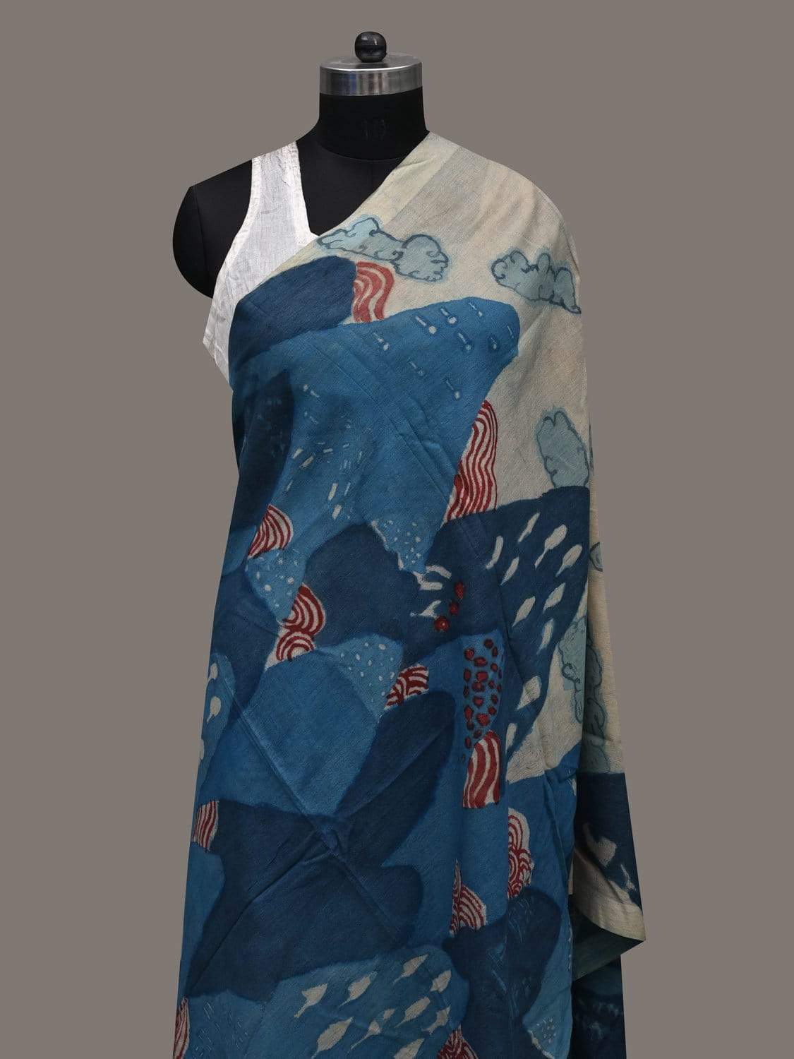 Blue Kalamkari Hand Painted Spun Silk Handloom Dupatta with Mountains Design ds2516