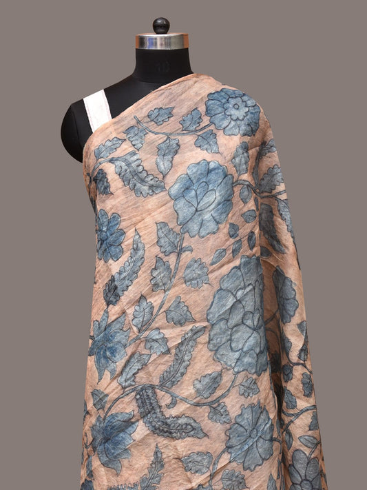 Blue Kalamkari Hand Painted Tussar Dupatta with Floral Design ds3398