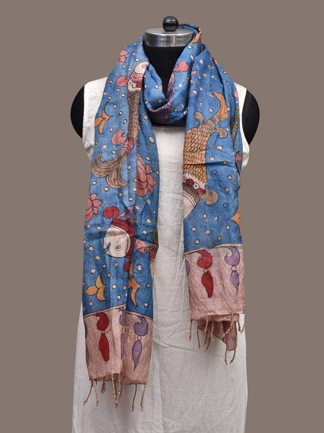 Blue Kalamkari Hand Painted Tussar Handloom Dupatta with Fishes Design ds2333