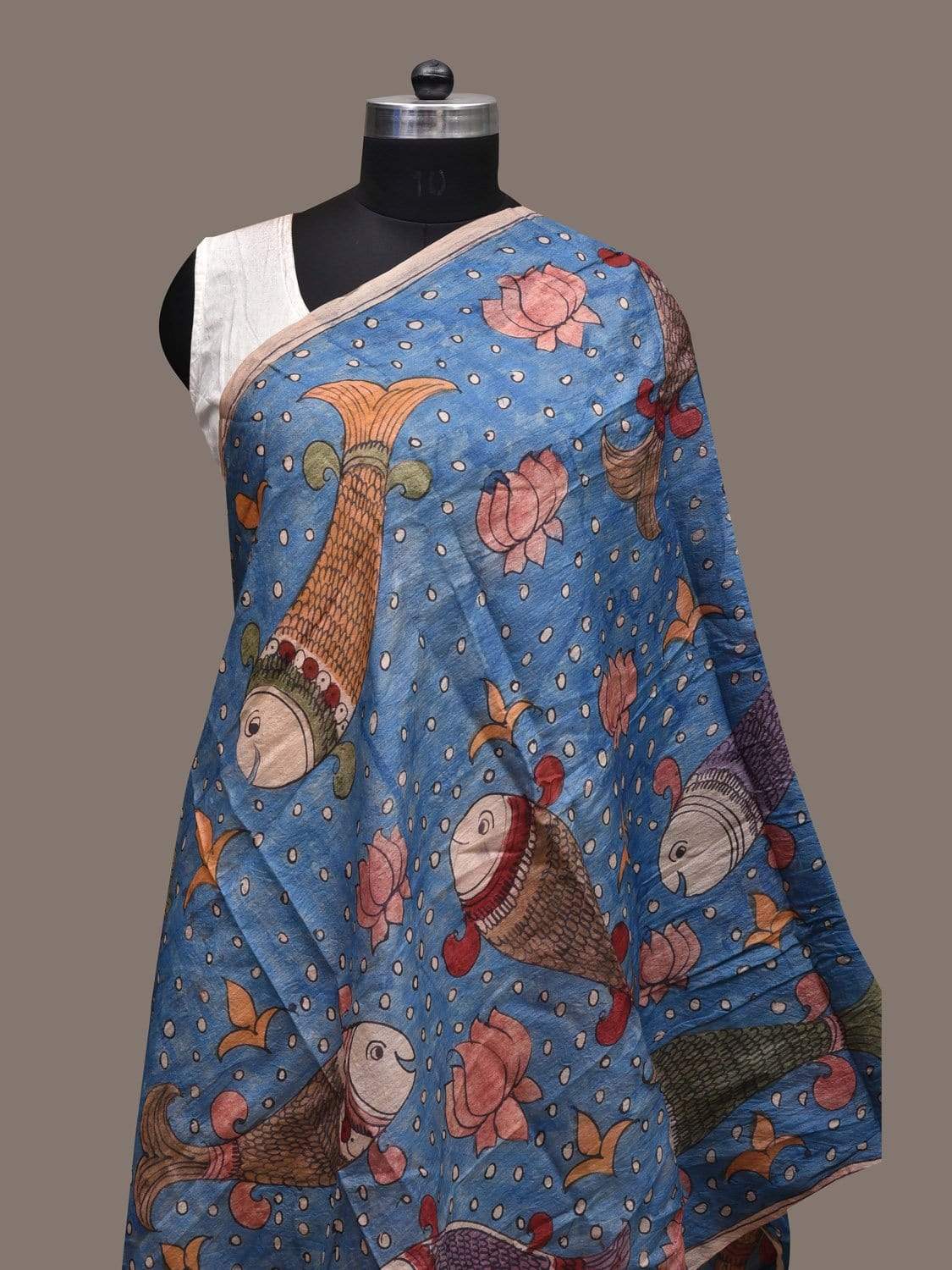 Blue Kalamkari Hand Painted Tussar Handloom Dupatta with Fishes Design ds2333