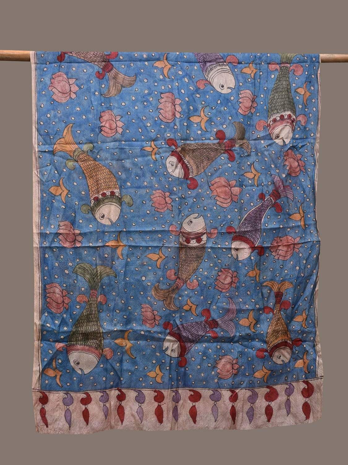 Blue Kalamkari Hand Painted Tussar Handloom Dupatta with Fishes Design ds2333