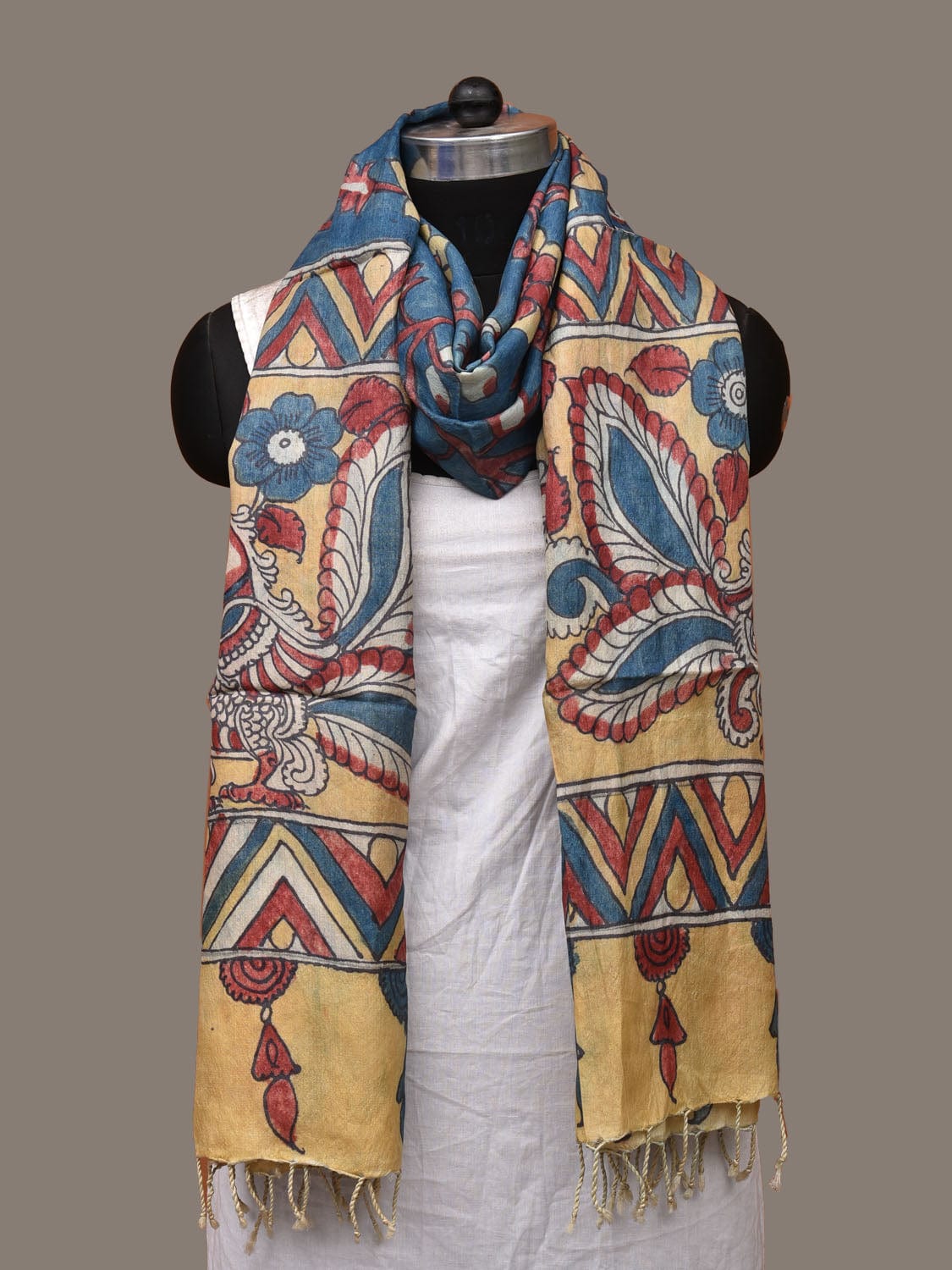 Blue Kalamkari Hand Painted Tussar Handloom Dupatta with Floral and Peacocks Design ds3130