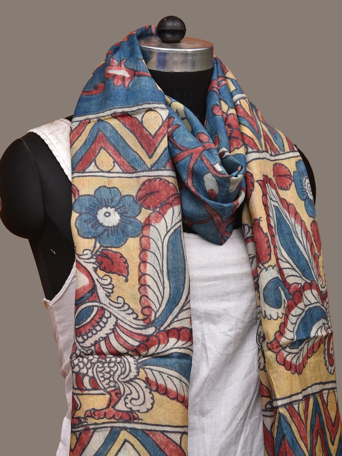 Blue Kalamkari Hand Painted Tussar Handloom Dupatta with Floral and Peacocks Design ds3130