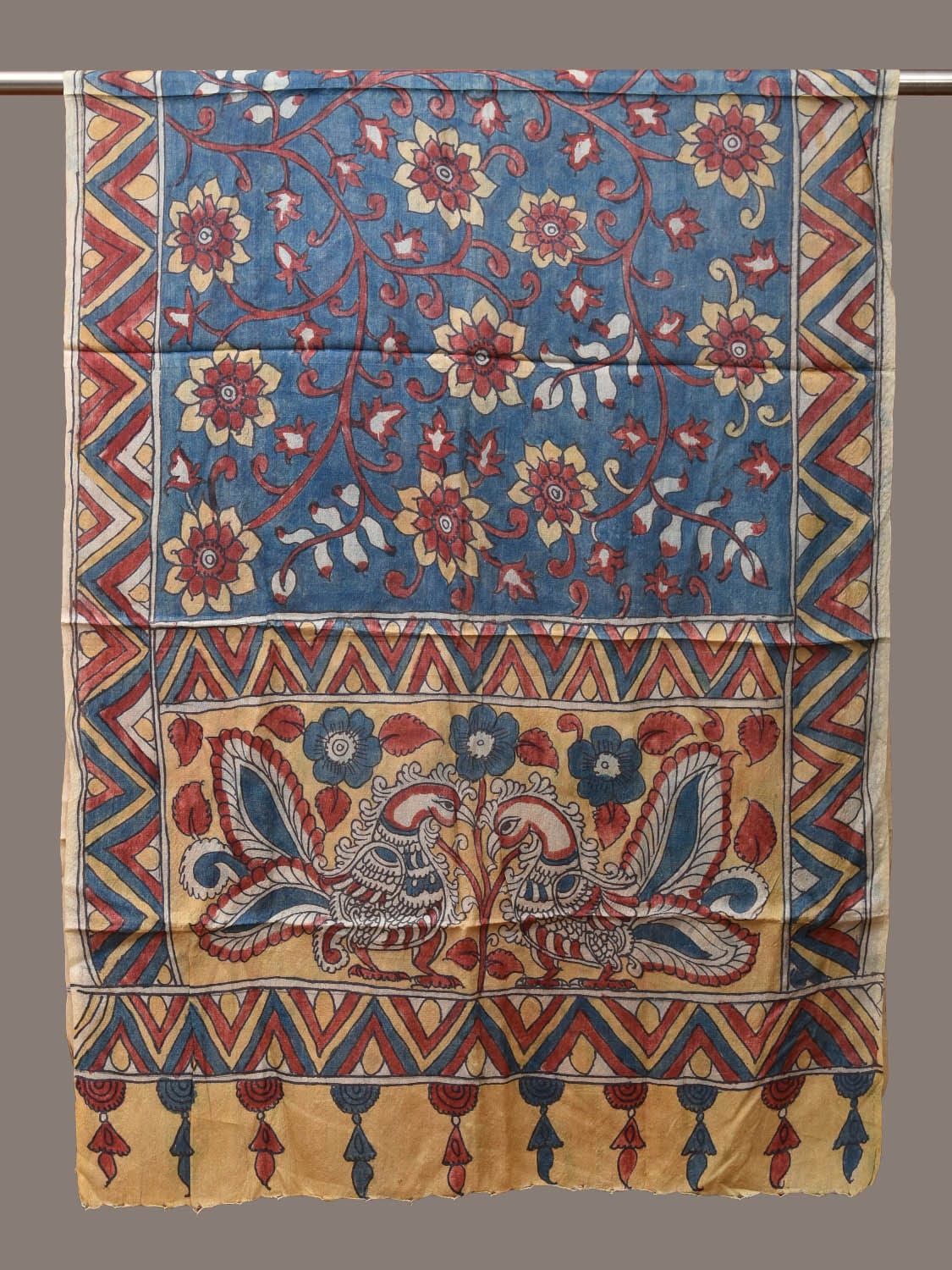 Blue Kalamkari Hand Painted Tussar Handloom Dupatta with Floral and Peacocks Design ds3130