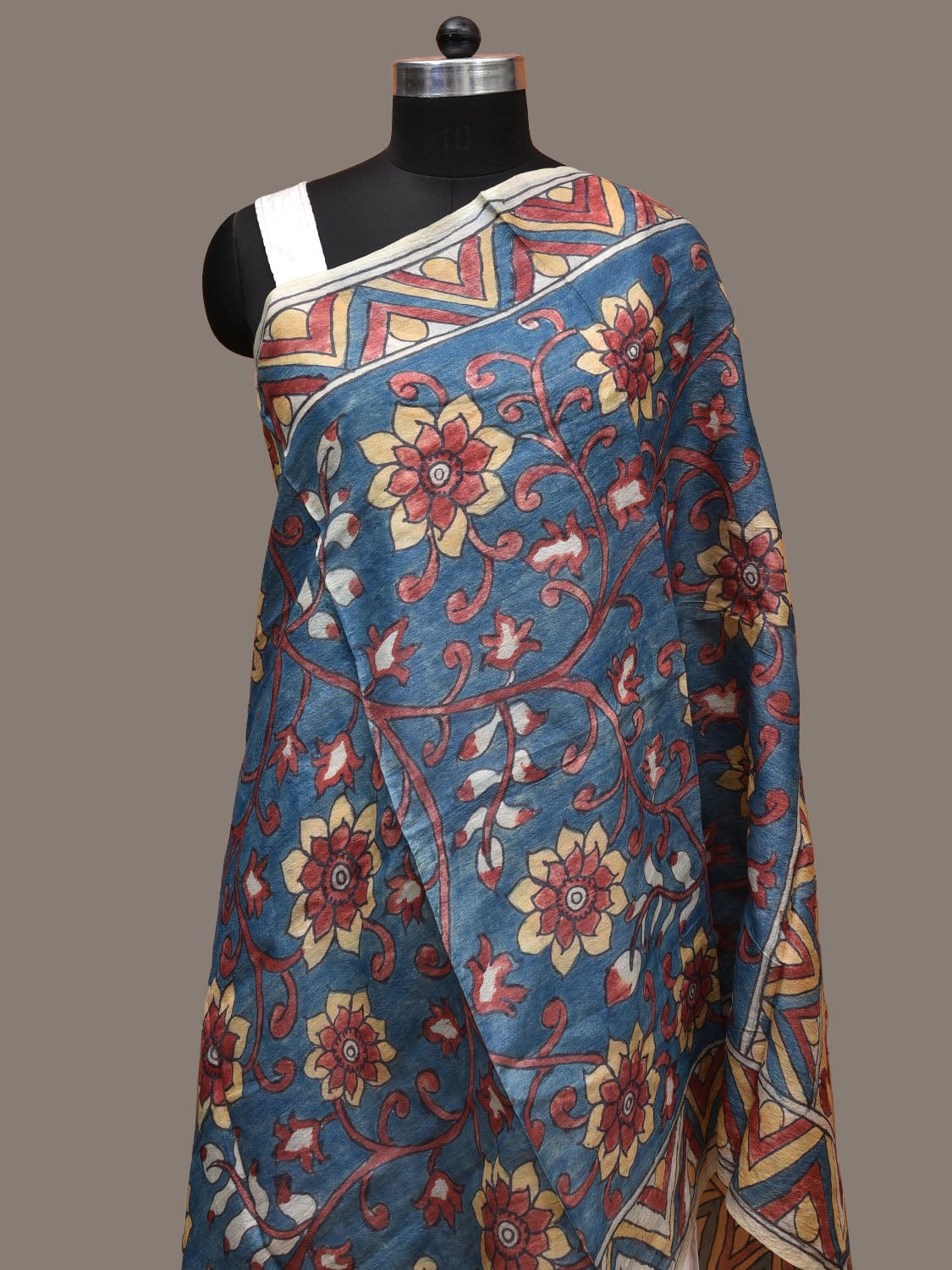 Blue Kalamkari Hand Painted Tussar Handloom Dupatta with Floral and Peacocks Design ds3130