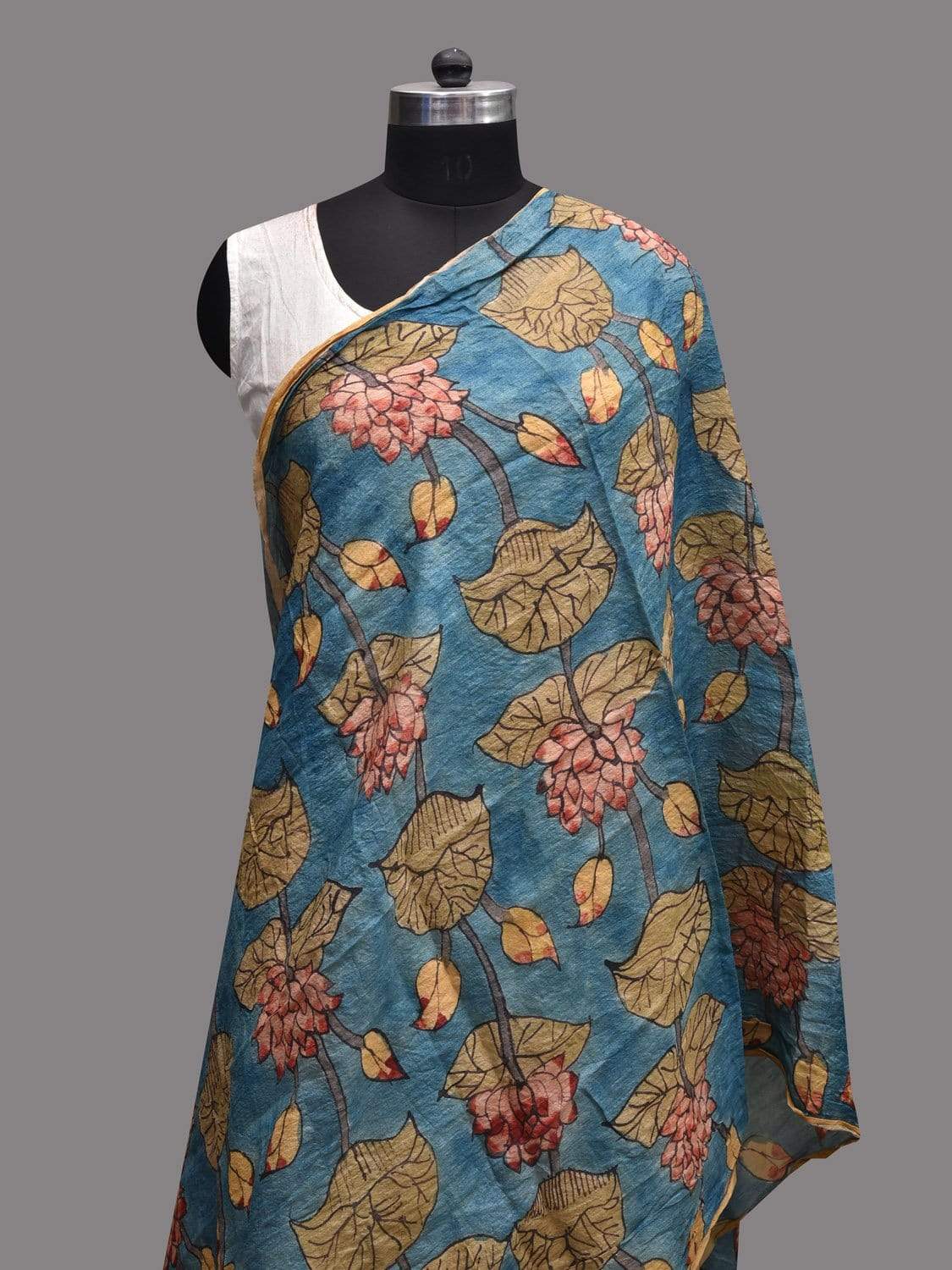 Blue Kalamkari Hand Painted Tussar Handloom Dupatta with Lotus Flowers Design ds2336