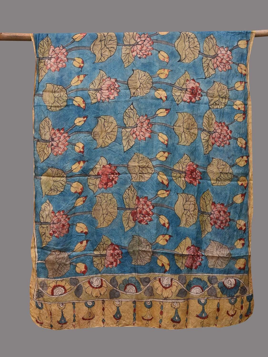 Blue Kalamkari Hand Painted Tussar Handloom Dupatta with Lotus Flowers Design ds2336