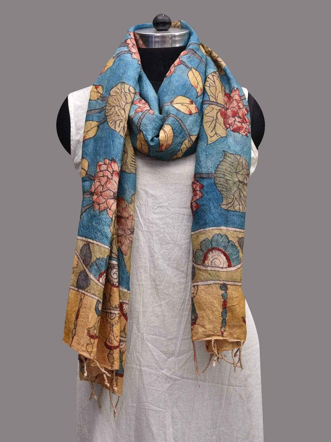 Blue Kalamkari Hand Painted Tussar Handloom Dupatta with Lotus Flowers Design ds2336