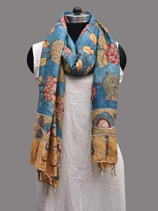 Blue Kalamkari Hand Painted Tussar Handloom Dupatta with Lotus Flowers Design ds2336
