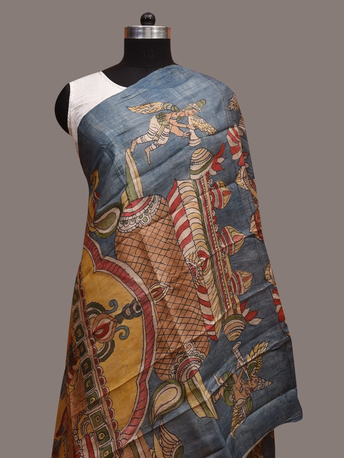 Blue Kalamkari Hand Painted Tussar Handloom Dupatta with Vishnu Design ds3596