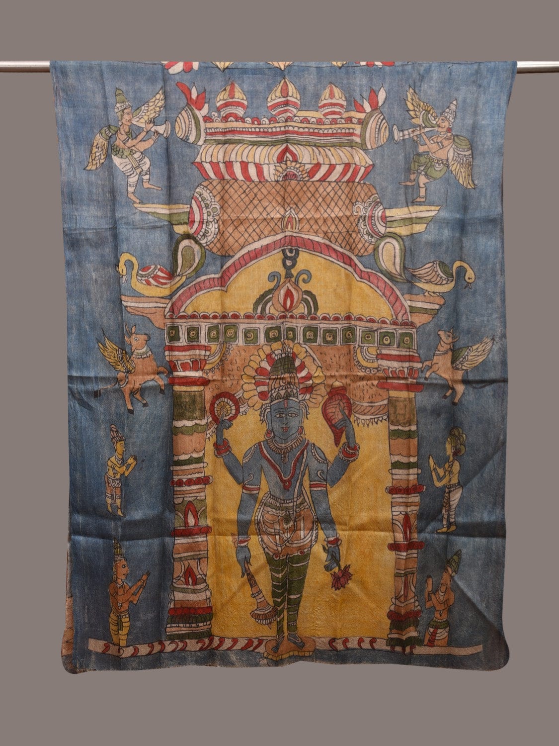 Blue Kalamkari Hand Painted Tussar Handloom Dupatta with Vishnu Design ds3596