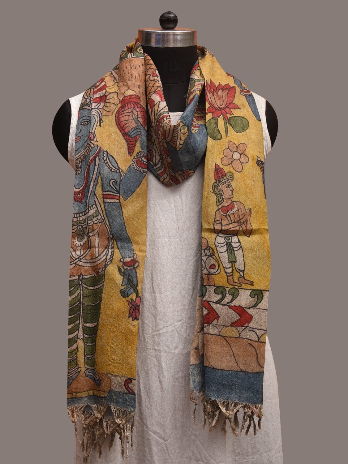 Blue Kalamkari Hand Painted Tussar Handloom Dupatta with Vishnu Design ds3596