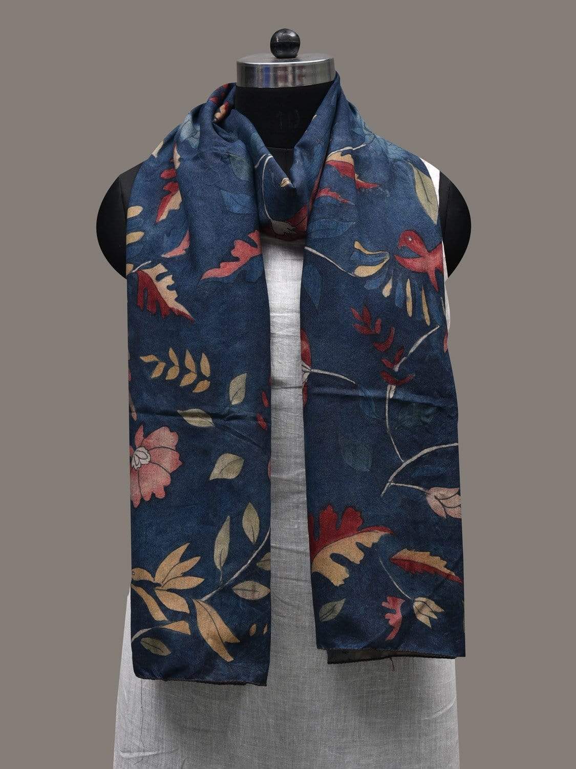 Blue Kalamkari Hand Painted Tussar Handloom Stole with Lotus and Birds Design ds2453