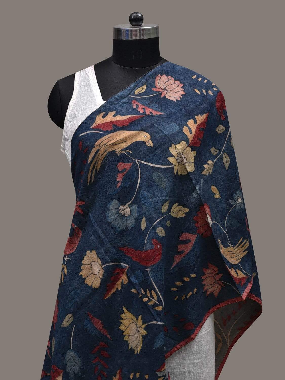 Blue Kalamkari Hand Painted Tussar Handloom Stole with Lotus and Birds Design ds2453