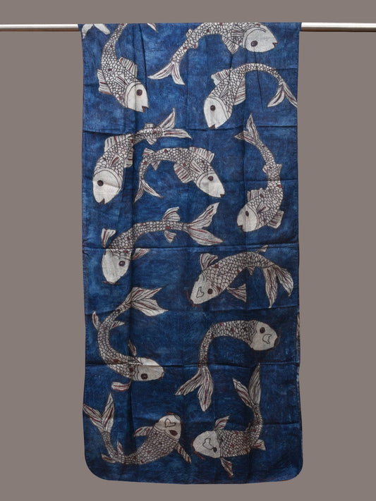 Blue Kalamkari Hand Painted Tussar Stole with Fishes Design ds3592