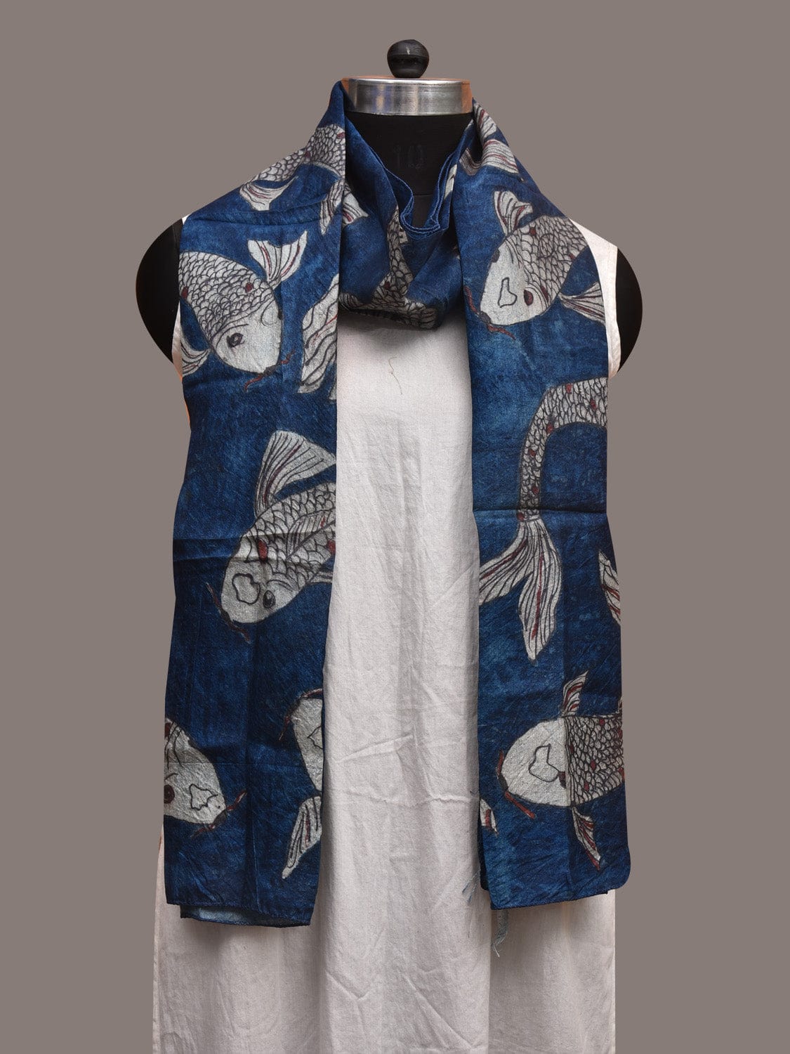 Blue Kalamkari Hand Painted Tussar Stole with Fishes Design ds3592