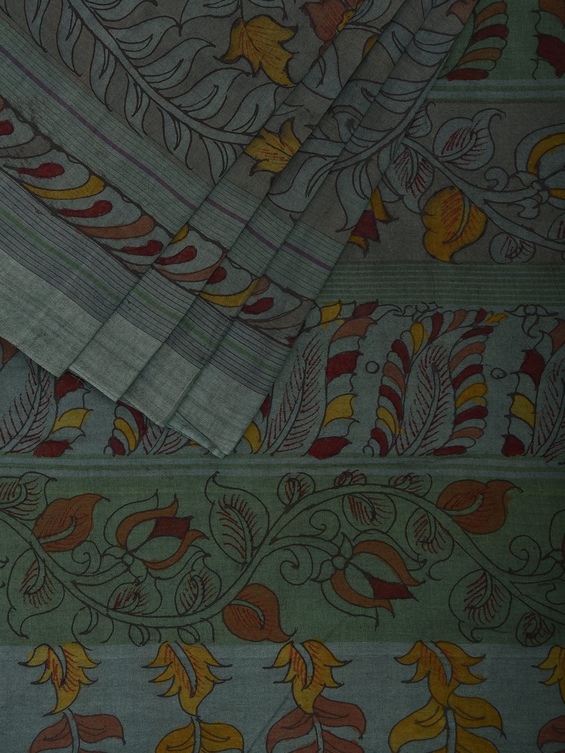 Blue Kalamkari Hand Painted Venkatagiri Cotton Handloom Saree with Floral and Peacock Design No Blouse KL0797