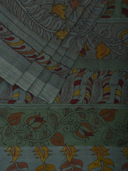 Blue Kalamkari Hand Painted Venkatagiri Cotton Handloom Saree with Floral and Peacock Design No Blouse KL0797
