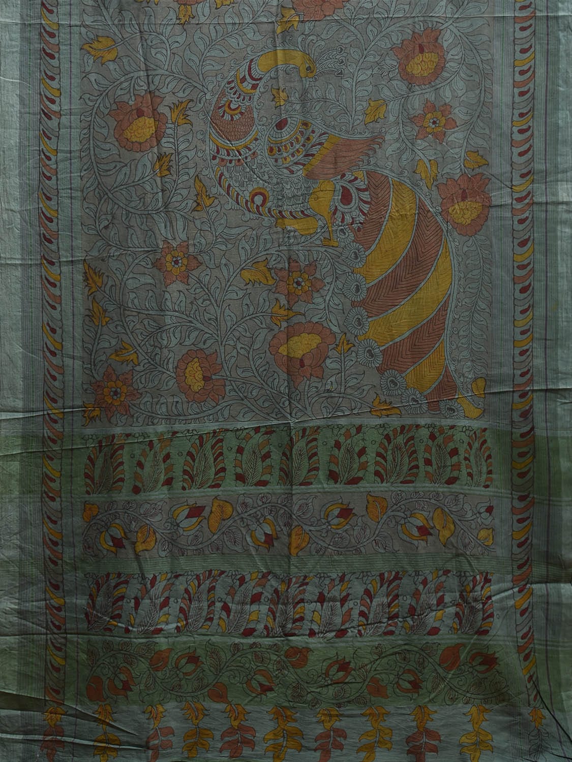 Blue Kalamkari Hand Painted Venkatagiri Cotton Handloom Saree with Floral and Peacock Design No Blouse KL0797