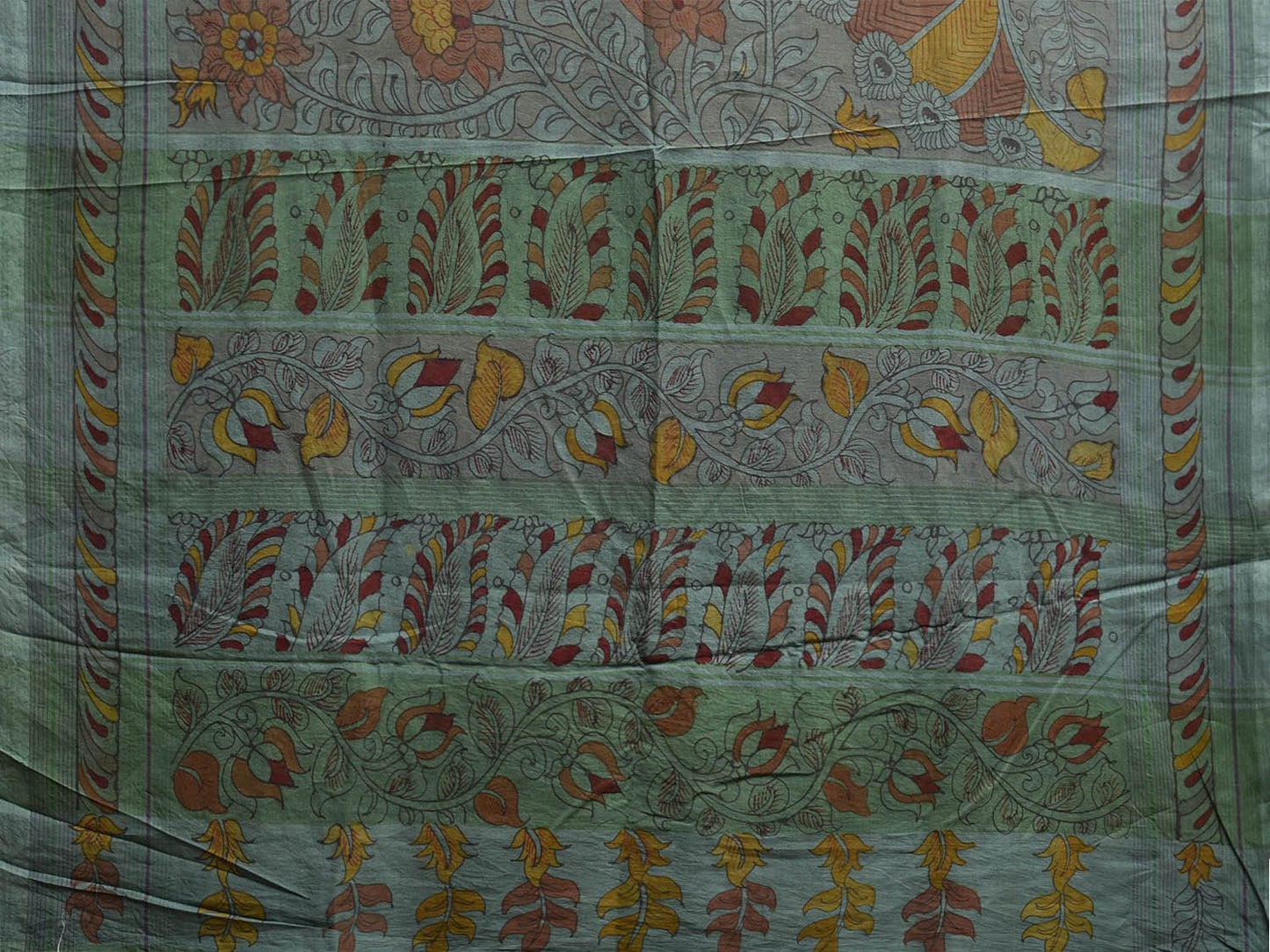 Blue Kalamkari Hand Painted Venkatagiri Cotton Handloom Saree with Floral and Peacock Design No Blouse KL0797