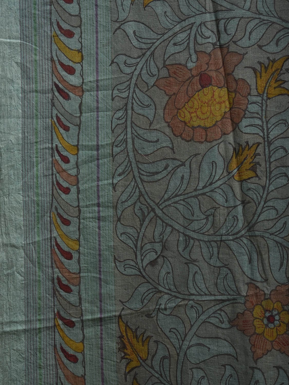 Blue Kalamkari Hand Painted Venkatagiri Cotton Handloom Saree with Floral and Peacock Design No Blouse KL0797