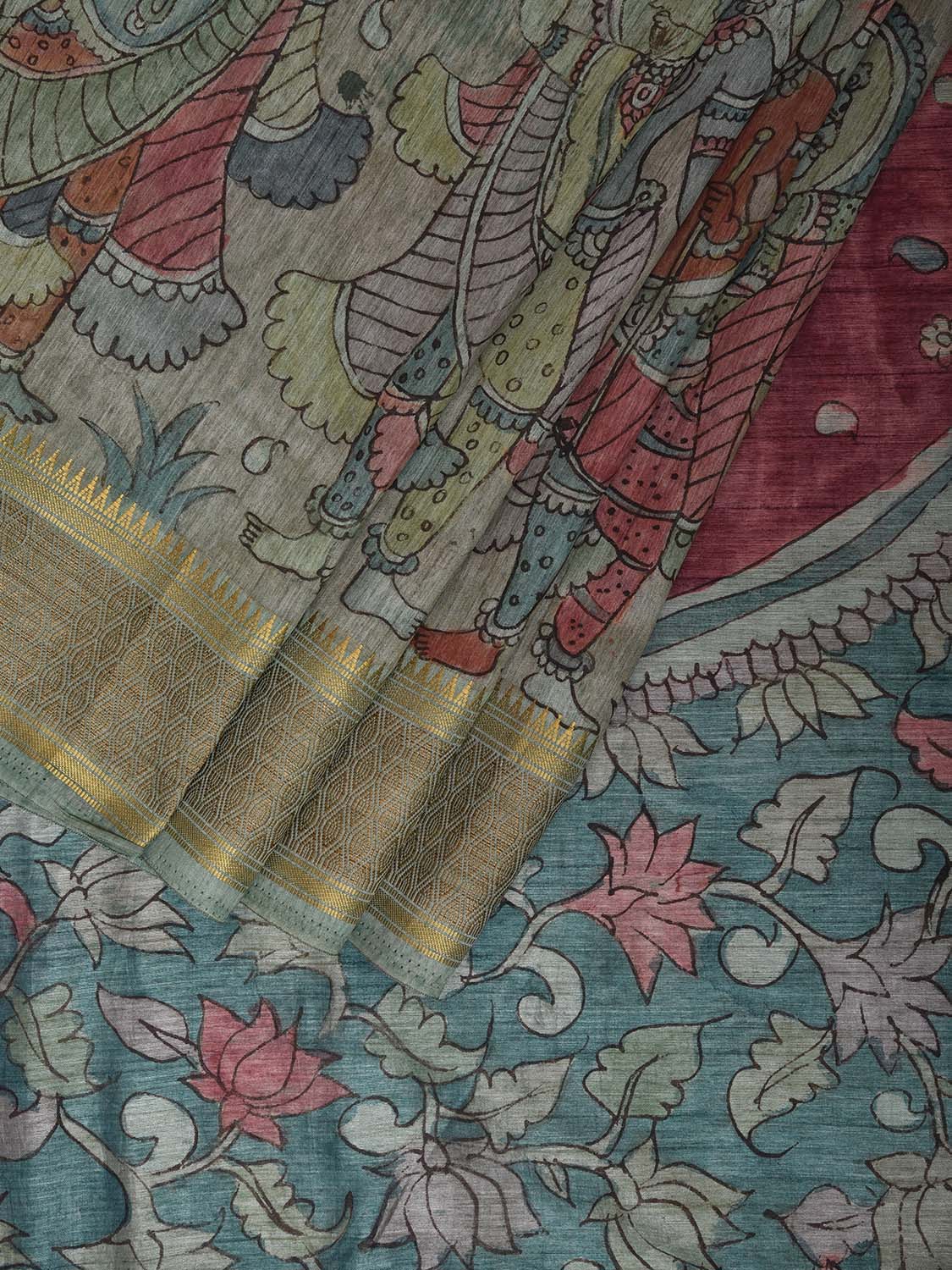 Blue Kalamkari Hand Painted Viscose Silk Saree with Dashavatar Design KL0800