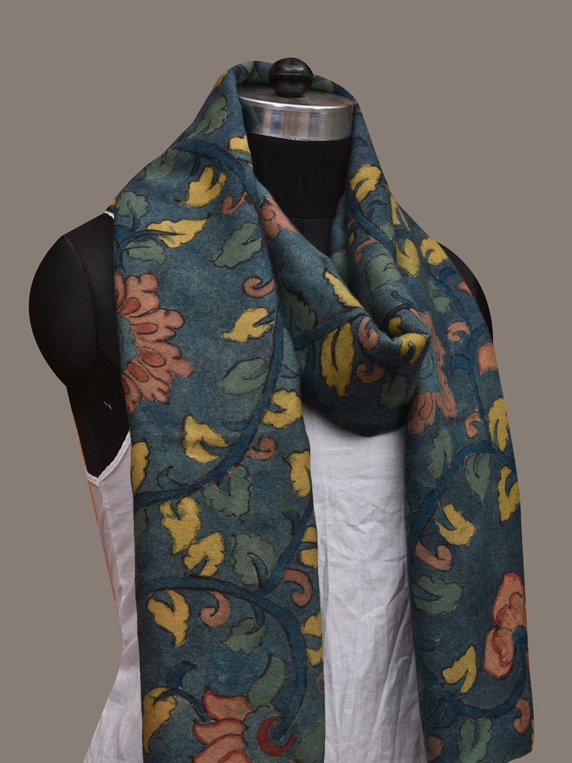 Blue Kalamkari Hand Painted Woolen Handloom Stole with Floral Design ds3042