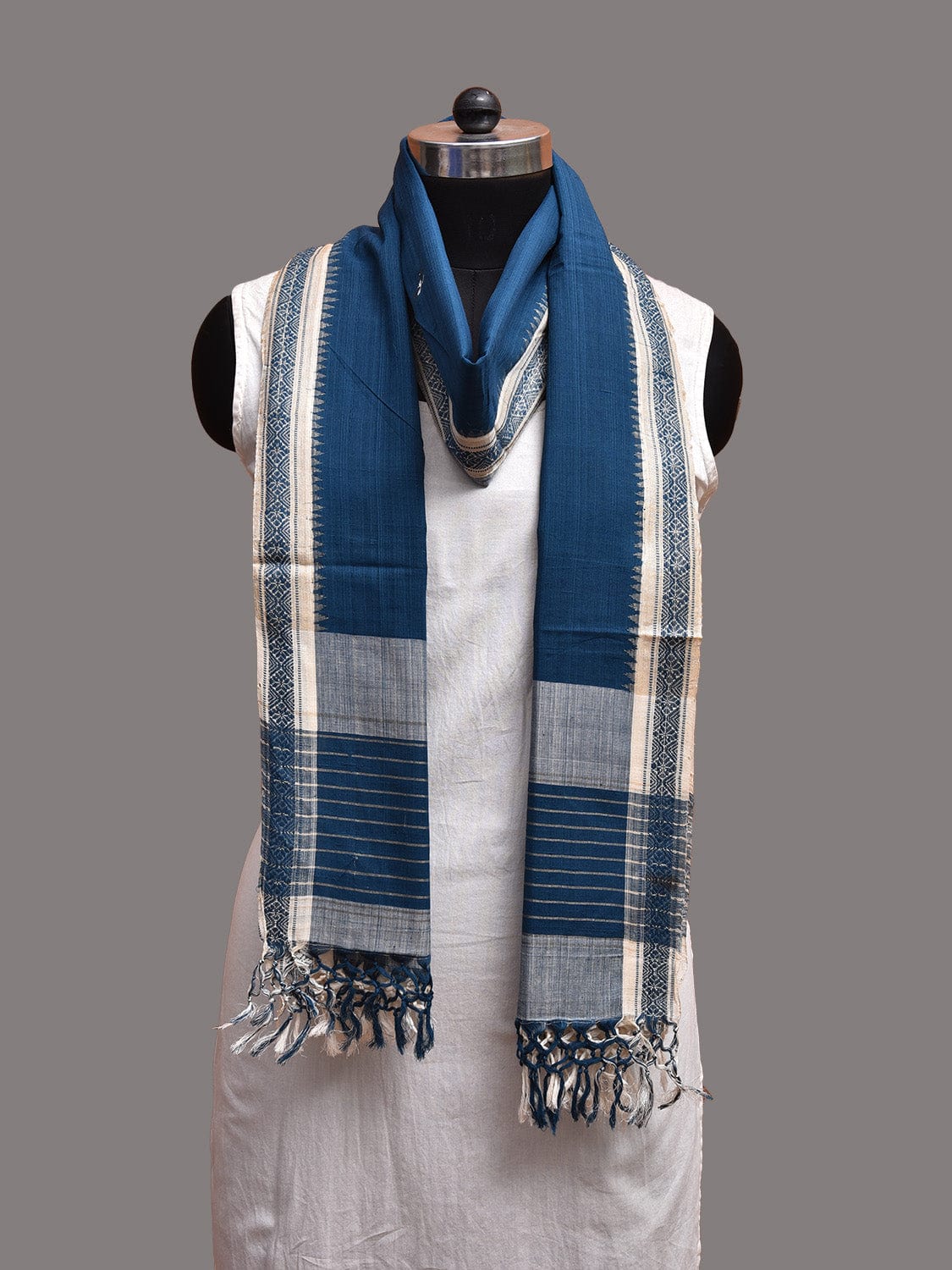 Blue Khadi Cotton Handloom Dupatta with Border and Strips Pallu Design ds3751