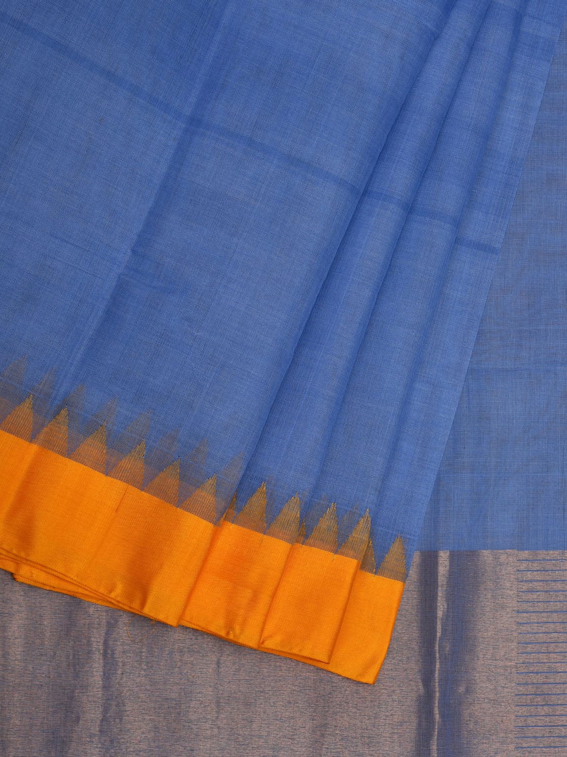 Blue Khadi Cotton Handloom Plain Saree with Temple Border Design kh0579