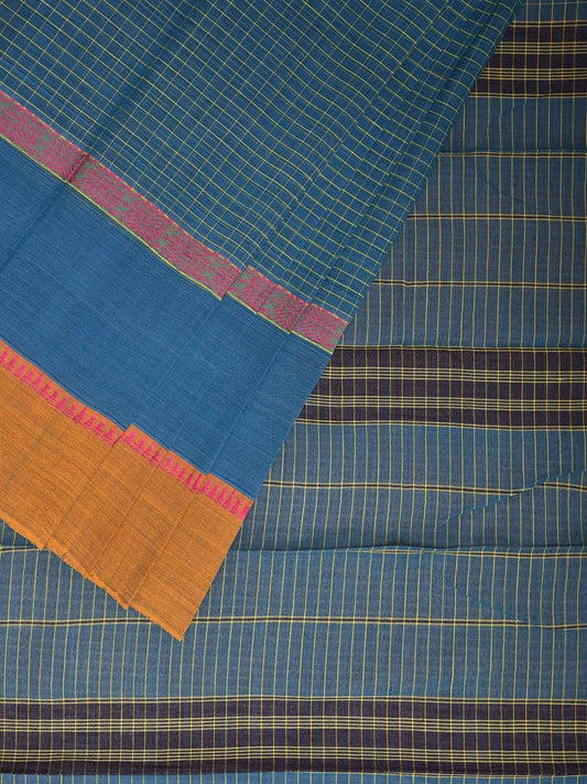 Blue Narayanpet Cotton Handloom Saree with Checks and Big Border Design No Blouse np1104