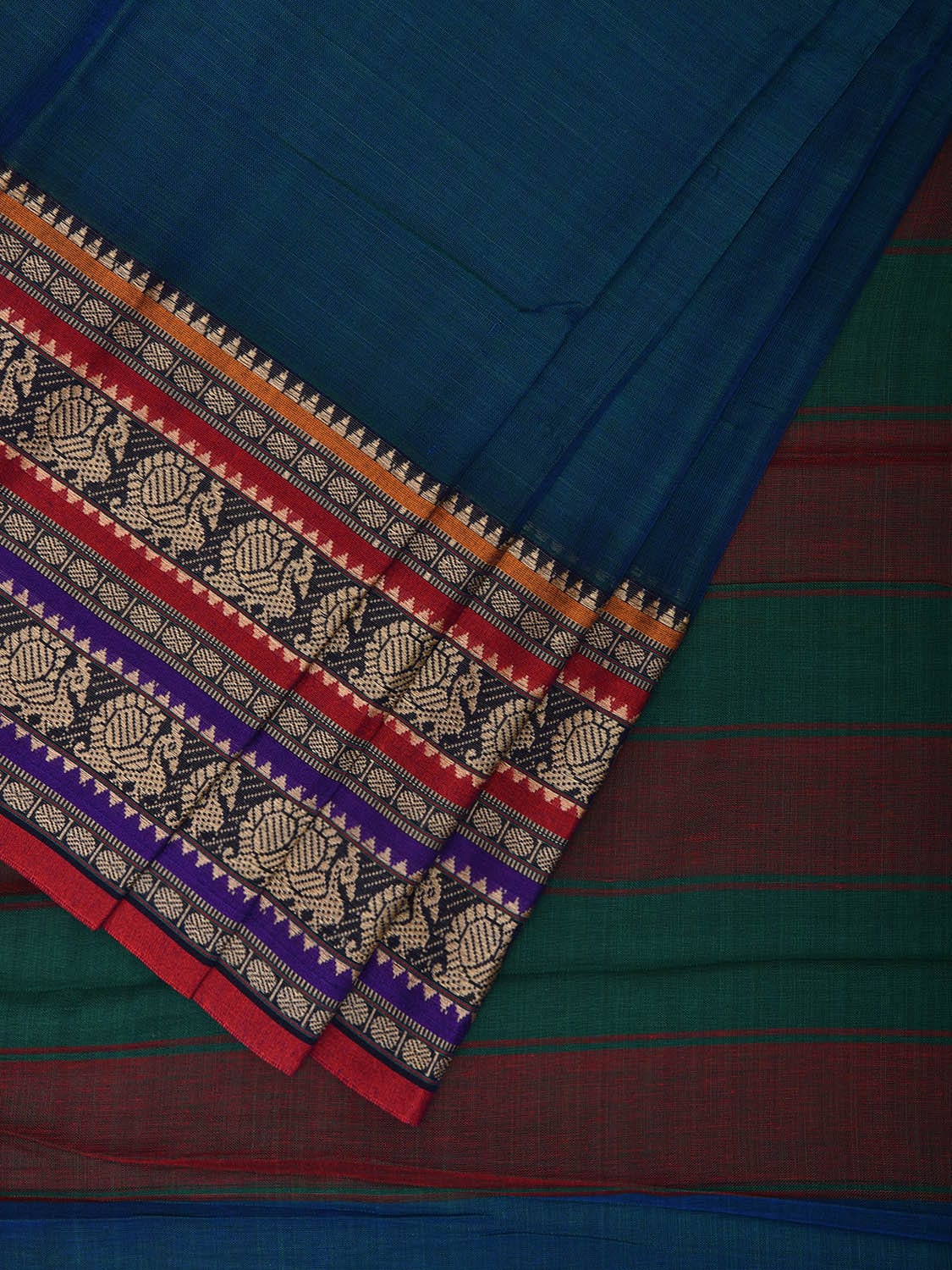 Blue Narayanpet Cotton Saree with Peacocks Pallu and Strips Border Design np1073