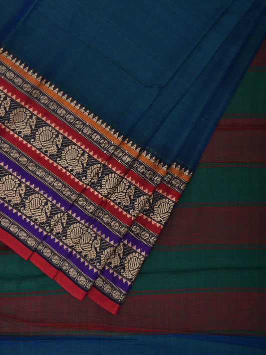 Blue Narayanpet Cotton Saree with Peacocks Pallu and Strips Border Design np1073