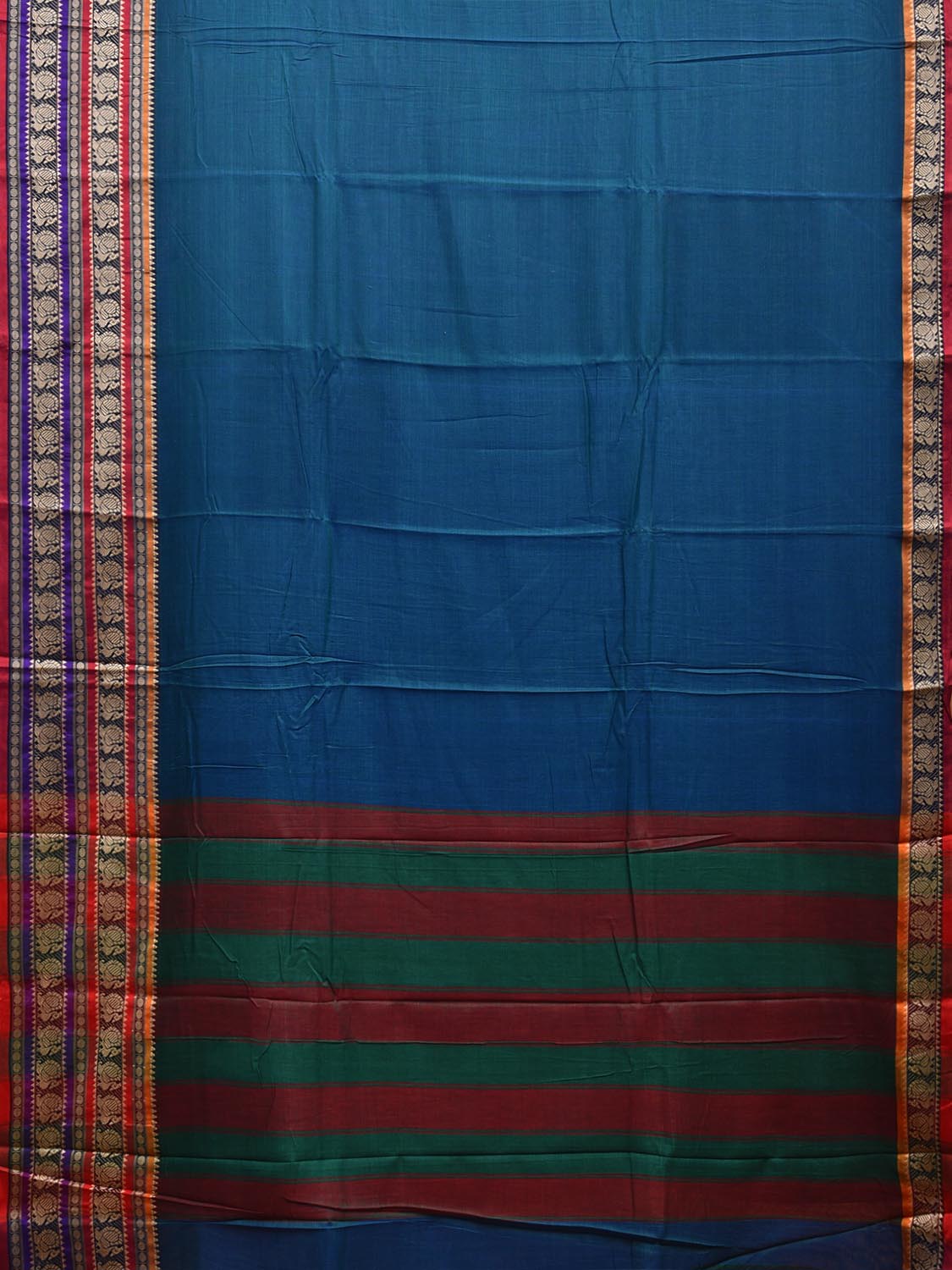Blue Narayanpet Cotton Saree with Peacocks Pallu and Strips Border Design np1073