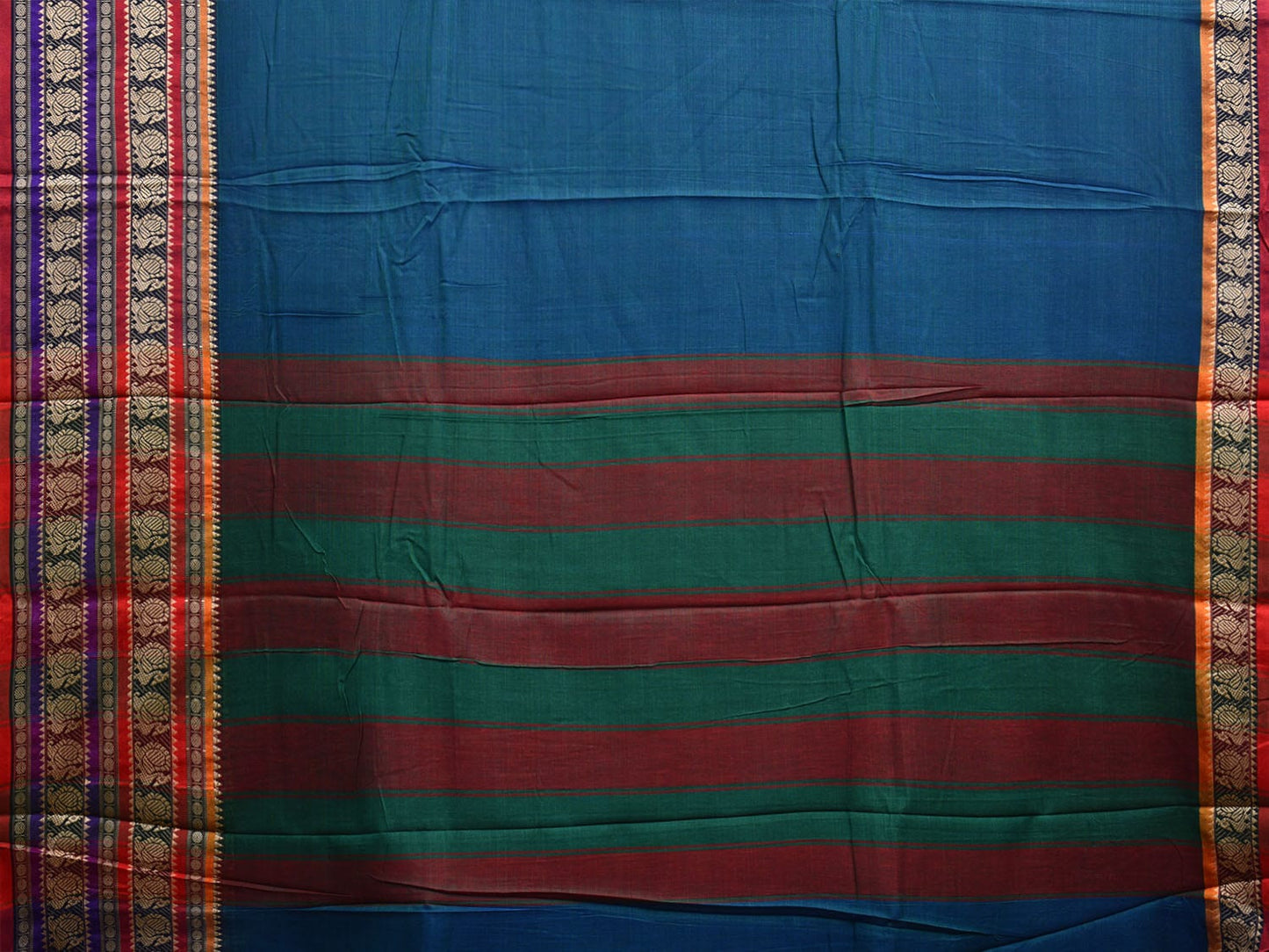 Blue Narayanpet Cotton Saree with Peacocks Pallu and Strips Border Design np1073