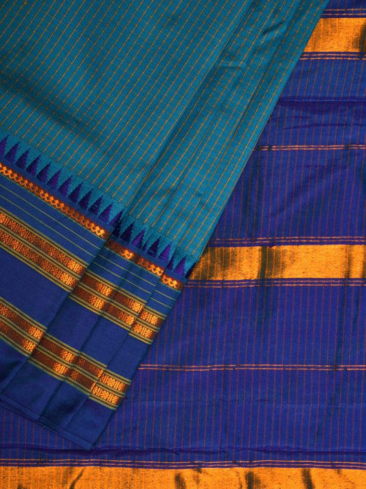 Blue Narayanpet Silk Handloom Saree with Checks Design No Blouse np0444