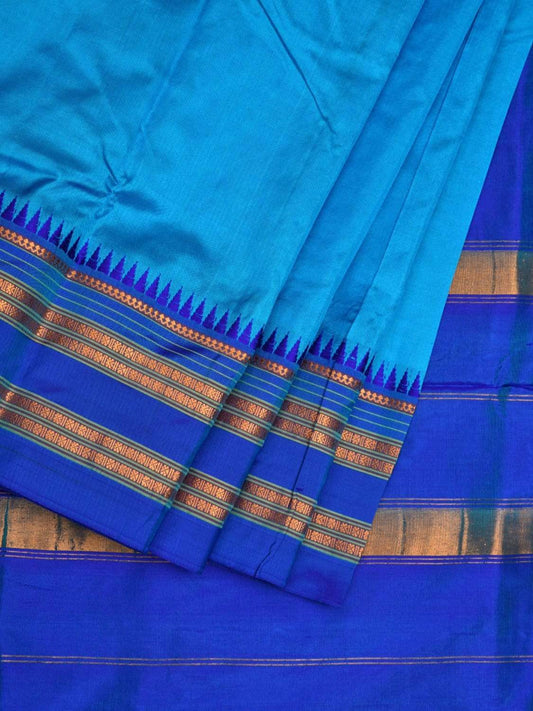 Blue Narayanpet Silk Plain Saree with Traditional Border Design No Blouse np0500