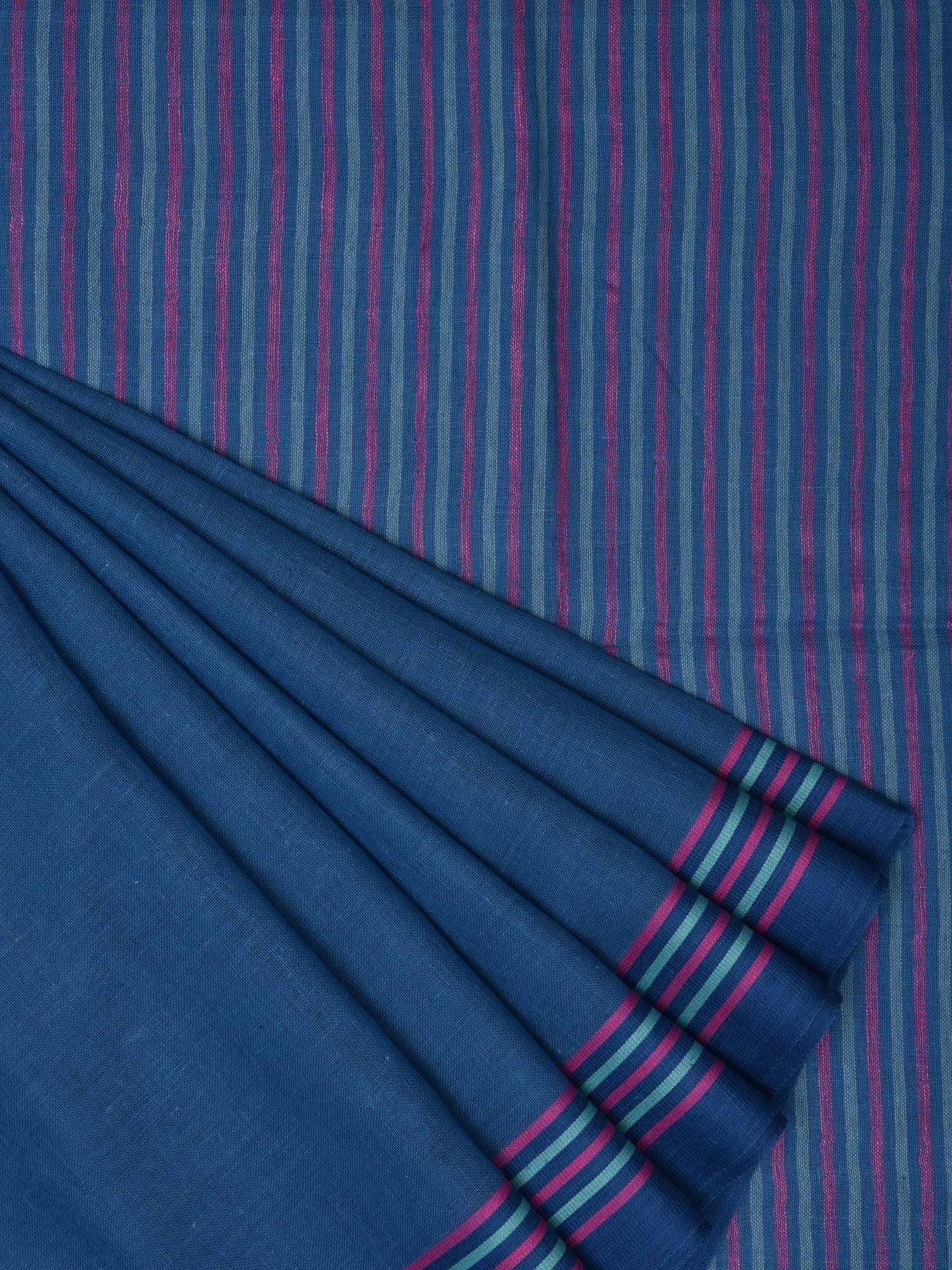 Blue Organic Cotton Handloom Saree with Stripes Pallu Design o0127