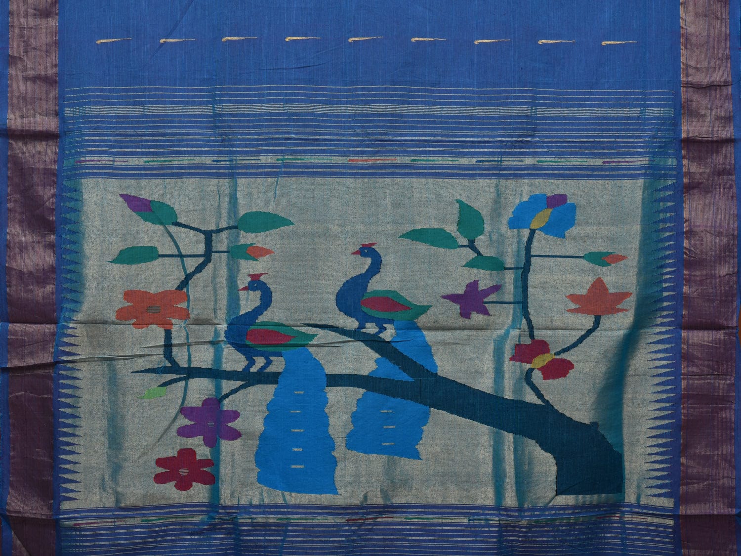 Blue Paithani Cotton Handloom Saree with Peacocks Pallu Design p0455