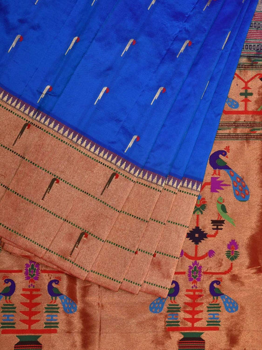 Blue Paithani Silk Handloom Saree with Triple Muniya Border Design p0387