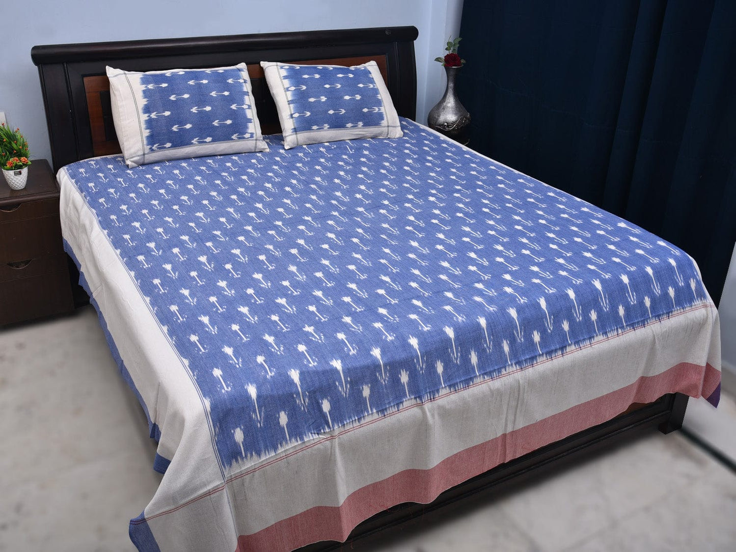 Blue Pochampally Ikat Cotton Handloom Bedsheet with Arrowhead Design 90 x 108 Inches bd0045