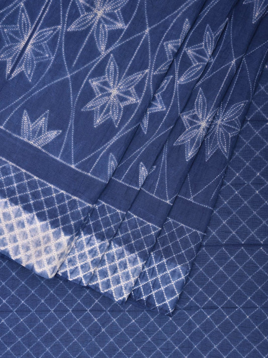 Blue Shibori Cotton Handloom Saree with Floral Body and Grill Pallu Design o0475
