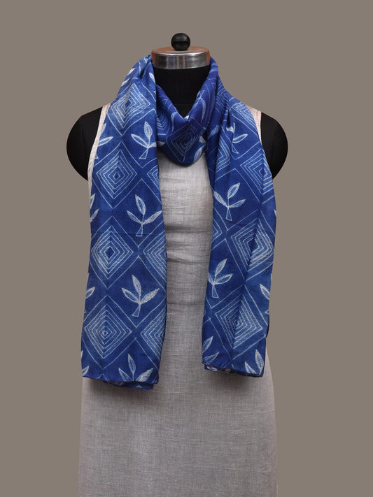 Blue Shibori Cotton Silk Handloom Stole with Floral and Geometric Design ds2942