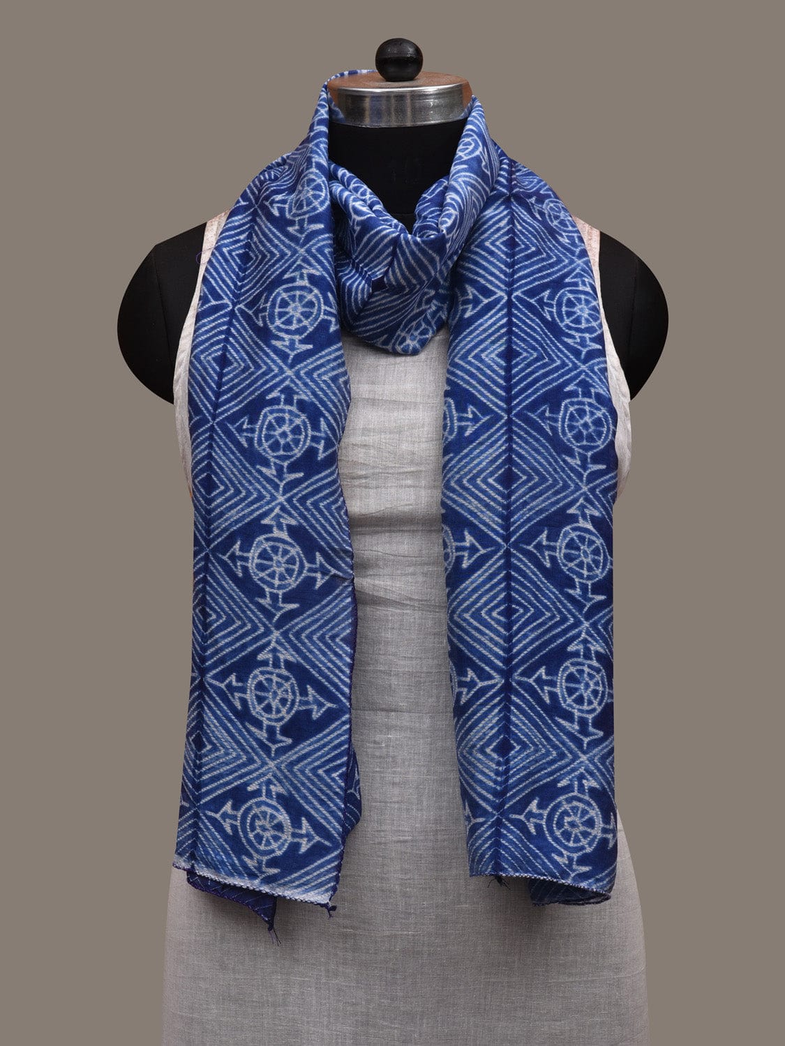 Blue Shibori Cotton Silk Handloom Stole with Geometric Design ds2944