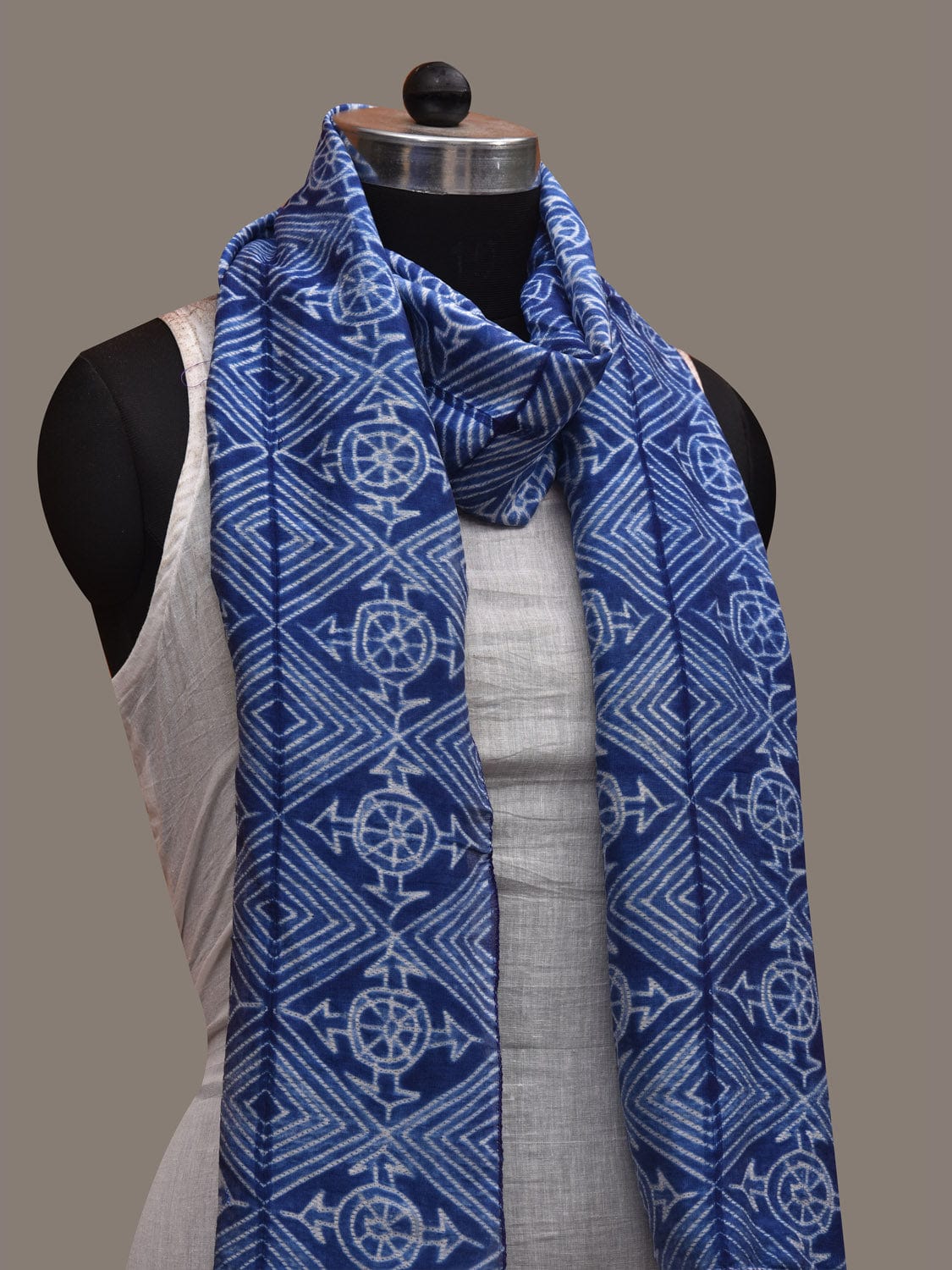 Blue Shibori Cotton Silk Handloom Stole with Geometric Design ds2944