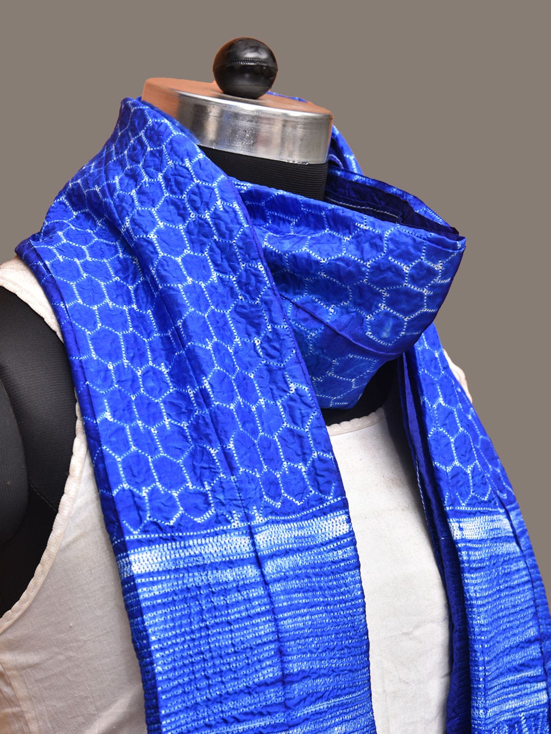 Blue Shibori Silk Handloom Stole with Honey Comb Design ds3262