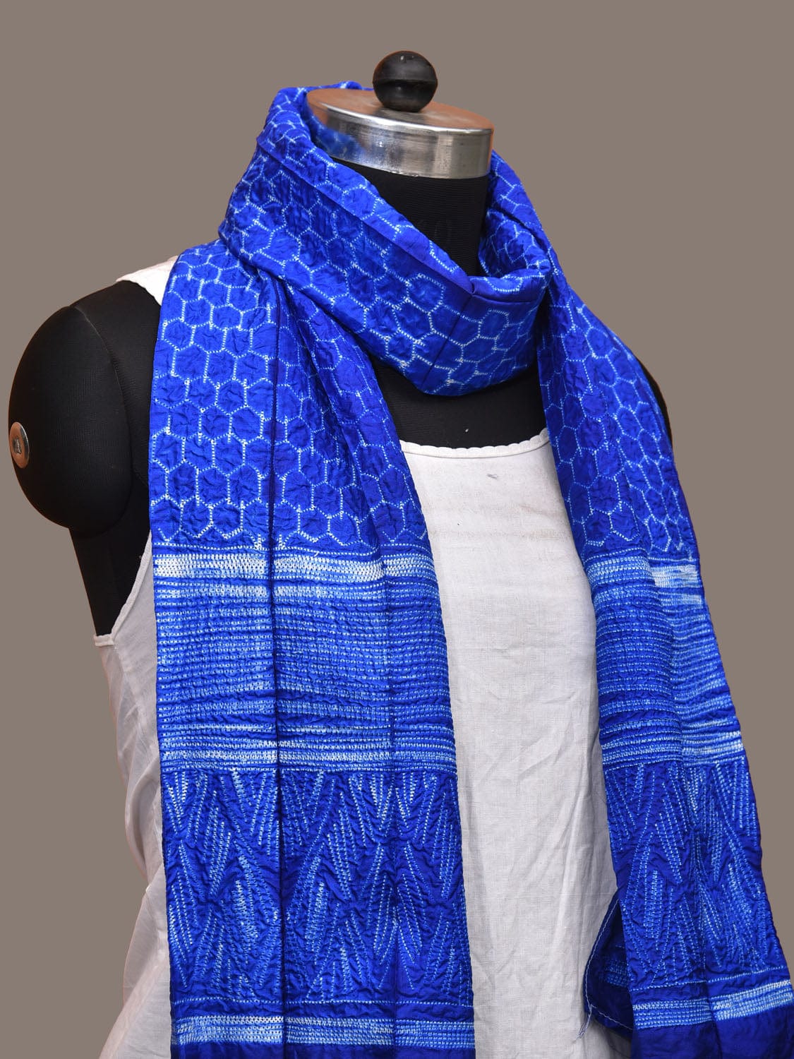 Blue Shibori Silk Handloom Stole with Honeycomb Design ds3163