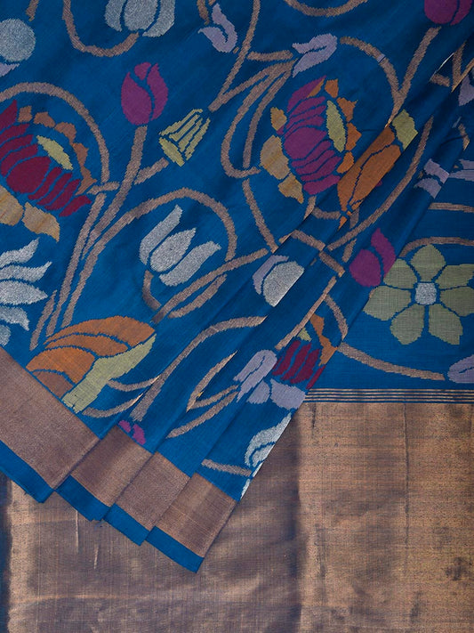 Blue Uppada Silk Handloom Saree with All Over Lotus Flowers Design u2350