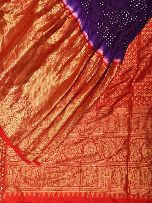 Purple and Red Bandhani Kanchipuram Silk Handloom Saree with Big Border and Pallu Design bn0503