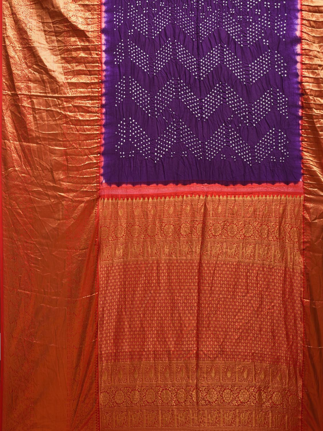 Purple and Red Bandhani Kanchipuram Silk Handloom Saree with Big Border and Pallu Design bn0503
