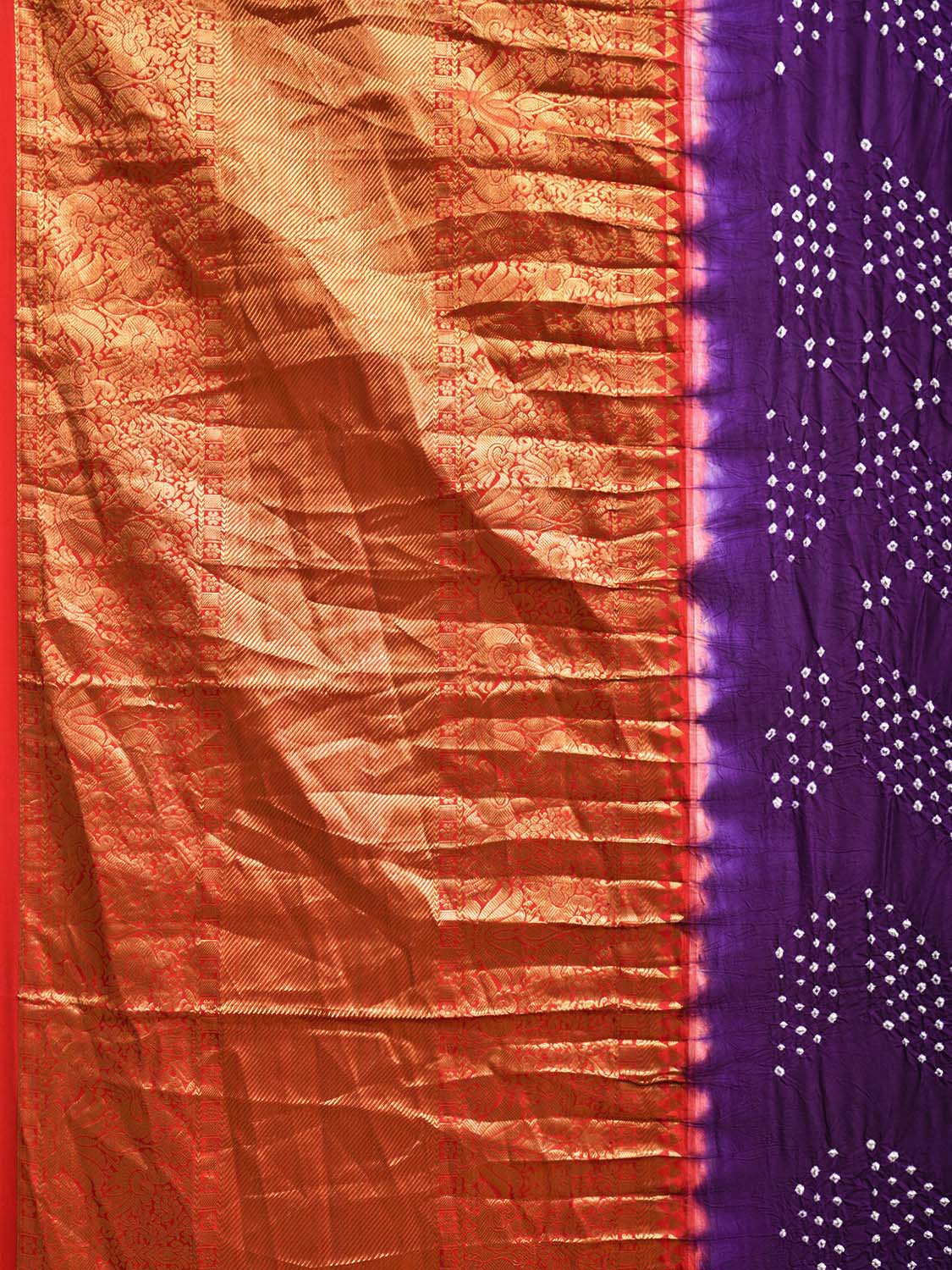 Purple and Red Bandhani Kanchipuram Silk Handloom Saree with Big Border and Pallu Design bn0503